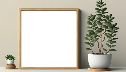 close up empty wall decor wooden picture frame in living room with green pot plant in boho and minimalism style decoration, black white space for your photo or message,  Generative Ai