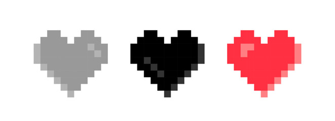 Fototapeta na wymiar Pixel heart icon collection. Colorful 8 bit heart set. Live stream video, chat, likes, love symbol . Social media. Vector illustration