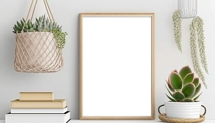 Fototapeta na wymiar empty wall decor wooden picture frame in living room with green pot plant in boho and minimalism style decoration, black white space for your photo or message, Generative Ai