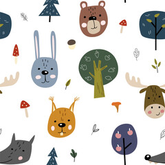 Seamless pattern with cute faces of forest animals. Childish print for nursery in scandinavian style. For baby clothing, interior, packaging.