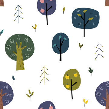Seamless childish pattern with forest in cartoon style