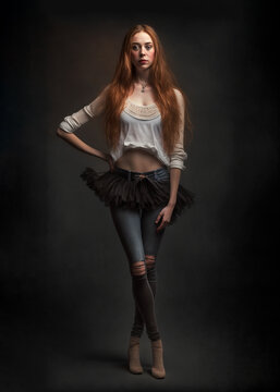 Beautiful young female with long red hair, woman dancer posing confidently in costume jeans and a white shirt. Image created with generative ai