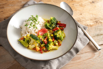 Vegetarian broccoli curry with rice and parsley garnish in a gray plate on a rustic wooden table,...