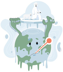 Planet Earth is suffering, danger rising temperature, water drops flowing from globe due to global warming climate changes concept with family of unfortunate polar bears standing on melting ice floe