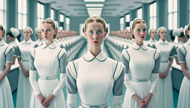 Female clones or androids dressed as maids. Generative AI