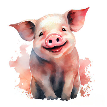 Cute smiling pig. Adorable baby animal art. Watercolor illustration created with Generative Ai technology