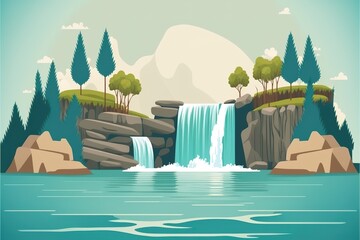 Landscape with waterfall flat illustration created with Generative AI 