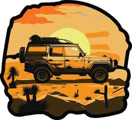 Vector image of SUV in desert. Silhouette at sunset, isolated from background..