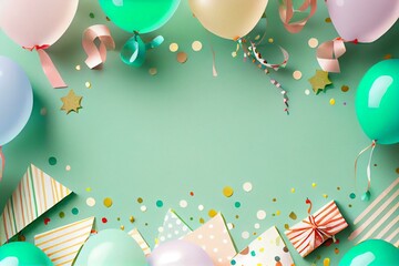  Happy birthday or party background. Flat Lay wtih birthday balloons , confetti and ribbons on pastel green background. Top View. Copy space, watercolor style AI Generated