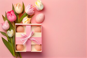  Easter greeting card with easter gingerbread eggs gift box and tulip flowers over pink background. Top view flat lay with copy space, watercolor style AI Generated