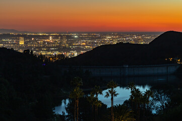 Sunset and Night over West Los Angeles and Hollywood Reservoir
