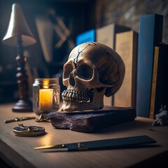 skull sitting on a desk being studied
