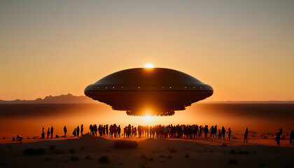 Fototapeta na wymiar UFO spotted in the desert at sunset. Generative AI