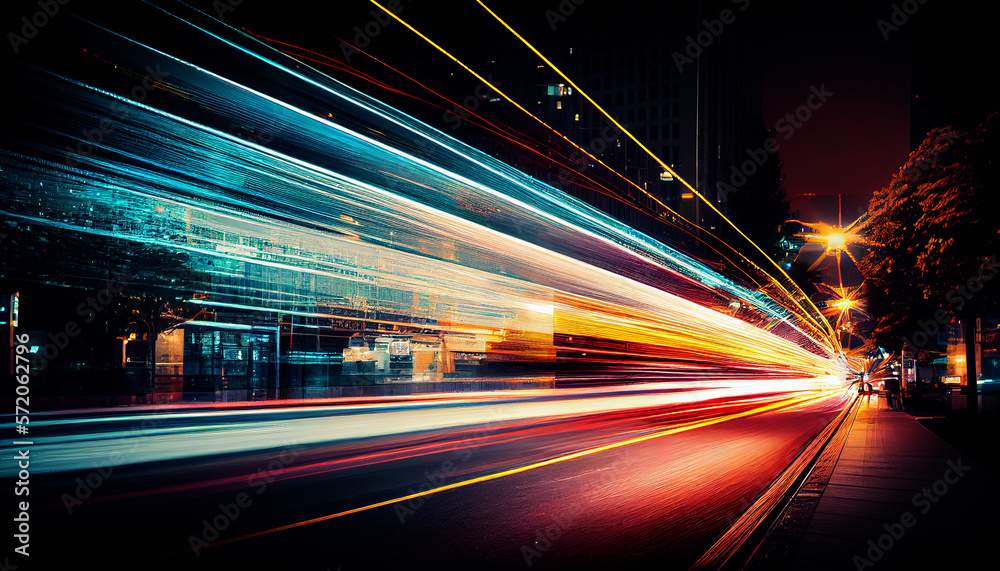Wall mural abstract long exposure dynamic speed light trails in an urban environment. generative ai