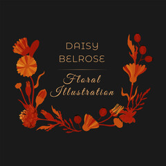 Isolated wreath with hand drawn garden flowers