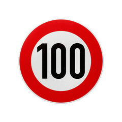 100 km/h European speed limit road sign isolated on transparent background. 3D rendering