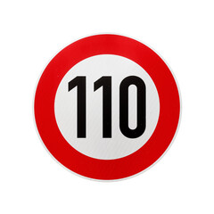 110 km/h European speed limit road sign isolated on transparent background. 3D rendering
