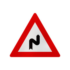 Curves in the road European warning road sign isolated on transparent background. 3D rendering