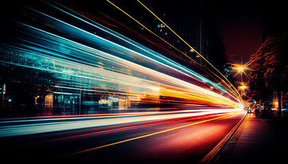 Plakat abstract long exposure dynamic speed light trails in an urban environment. Generative ai