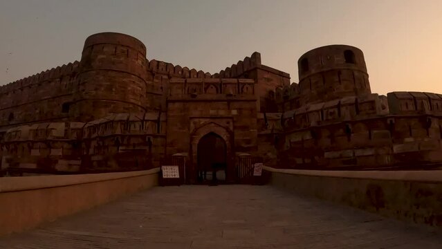 Stunning architecture of Agra Fort in evening can be seen. Agra, Uttar Pradesh