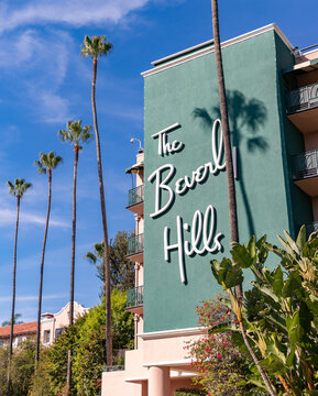 Los Angeles, United States - November 17, 2022: A picture of The Beverly Hills Hotel's sign on its facade and the nearby palm trees.