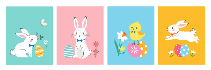 Set of Easter templates for posters, paper bags, cover, greeting cards , banners with white bunnies, chick, Easter eggs and spring flowers in cute cartoon style. - 572063307