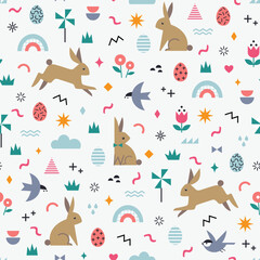 Easter trendy seamless pattern with bunnies, Easter eggs, birds, rainbow and geometric shapes in pastel colours - 572063310