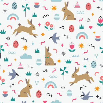 Easter trendy seamless pattern with bunnies, Easter eggs, birds, rainbow and geometric shapes in pastel colours