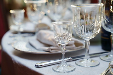 empty wine glasses on the table.table setting for a festive dinner. 