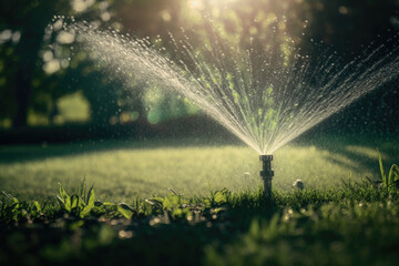 Sprinkler in Park Spraying Water. Illustration AI Generative - obrazy, fototapety, plakaty