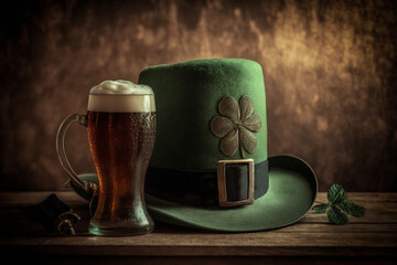 Mug of beer with a St. Patrick's Day hat and Shamrock on a table - obrazy, fototapety, plakaty
