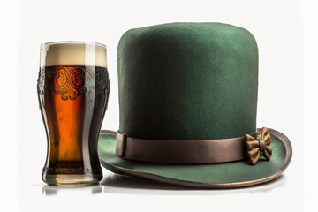 Close up of a St. Patrick's Day Hat with a Dark beer, isolated on white background