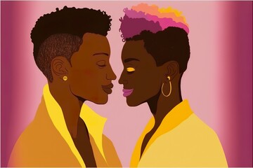 Cute couple of black skin gay lovers flat illustration created with Generative AI 