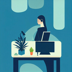 Woman in Tech Illustration with Plants and Succulents in Office Made with Generative AI