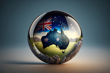 Three Dimensional round icon with Australia map and flag inside - Generative AI