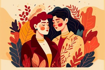 Cute couple of lesbian lovers flat illustration created with Generative AI 