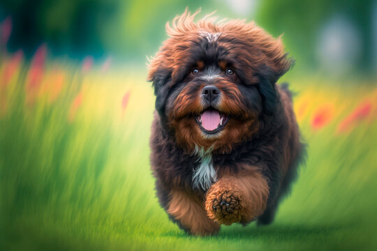 Happy Russian colored lapdog runs runs on green grass. Generative AI