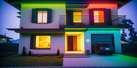 Exterior of a modern house with its garden, illuminated by led strips at night - Generative AI