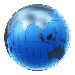 Stylized three-dimensional metallic earth globe centered on Asia and Oceania. 3D rendering isolated on transparent background
