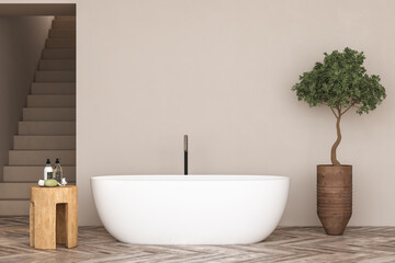 Naklejka na ściany i meble Interior of modern bathroom with beige walls, wooden floor, bathtub, plants, shower, white sink standing on wooden countertop and a oval mirror hanging above it. 3d rendering