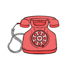 Old rotary phone. Hand-drawn illustration of a red home landline phone. Isolated on white background.
