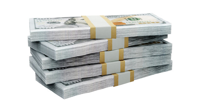 Bundles of US one hundred dollar bills in a pile isolated on transparent background. 3D rendering