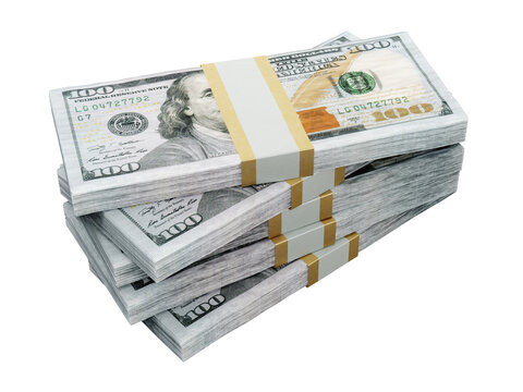 Bundles of US one hundred dollar bills in a pile isolated on transparent background. 3D rendering