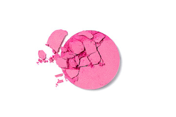 Obraz na płótnie Canvas Pink eye shadow or blusher isolated on white. Crushed pink blusher or eye shadow texture.