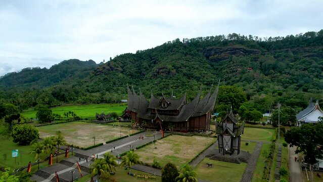 Aerial view of Istano Baso Pagar Ruyung, a heritage building with traditional Minangkabau design at Tanah Datar. Rumah Gadang Istana Basa Pagaruyung