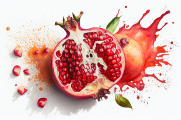Fresh juicy pomegranate on white background. Watercolor AI generative illustration.