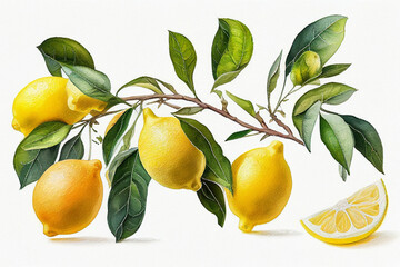 Branch of fresh lemons. Watercolor citrus botanical AI generative illustration. - obrazy, fototapety, plakaty