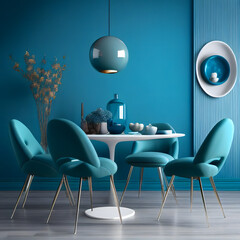 Bright and cozy modern dining room interior with blue furniture and decoration room on empty blue or white wall background, Ai generated

