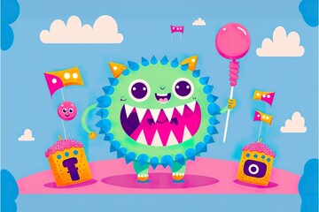 Obraz premium Cartoon monster with sweets flat illustration created with Generative AI 