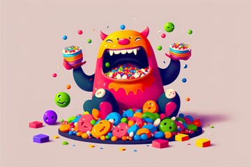 Naklejka premium Cartoon monster with sweets flat illustration created with Generative AI 